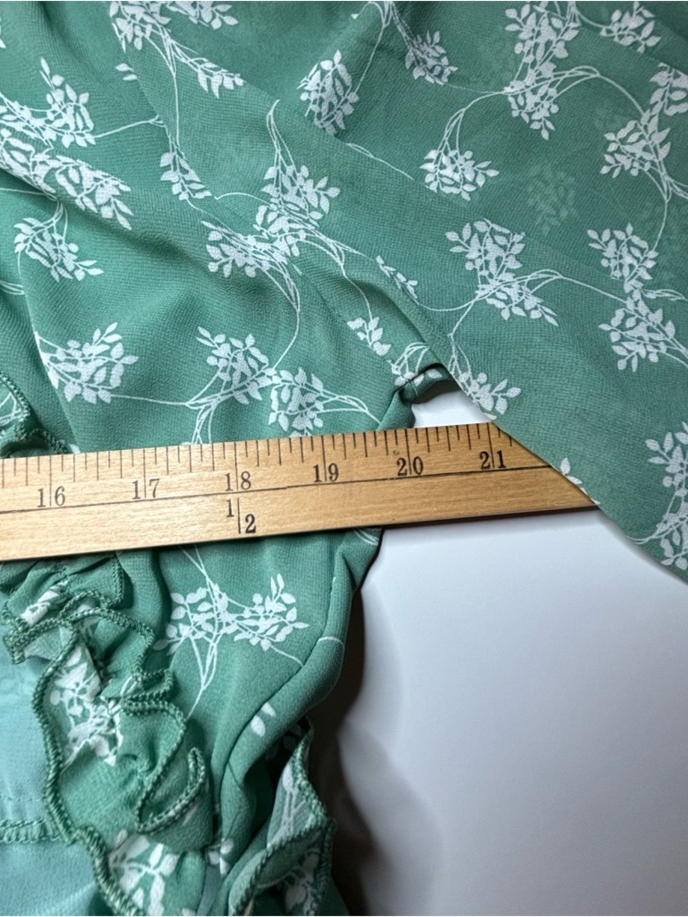 Aura Floral Ruffle Mini Dress Sage Green Boho Open Back Long Sleeve Large - Picture 14 of 15